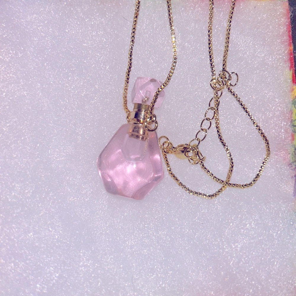 Boho hippie Pink Quartz Crystal Perfume Bottle Necklace